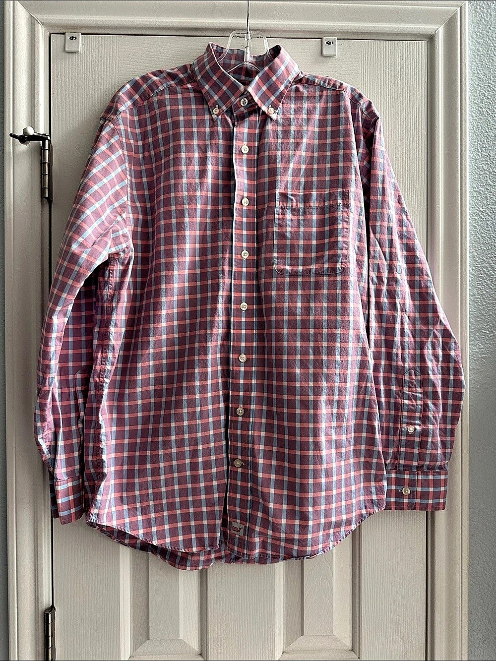 vineyard vines Classic Fit Murray Shirt Plaid Cotton Shirt M Pink Light Blue
